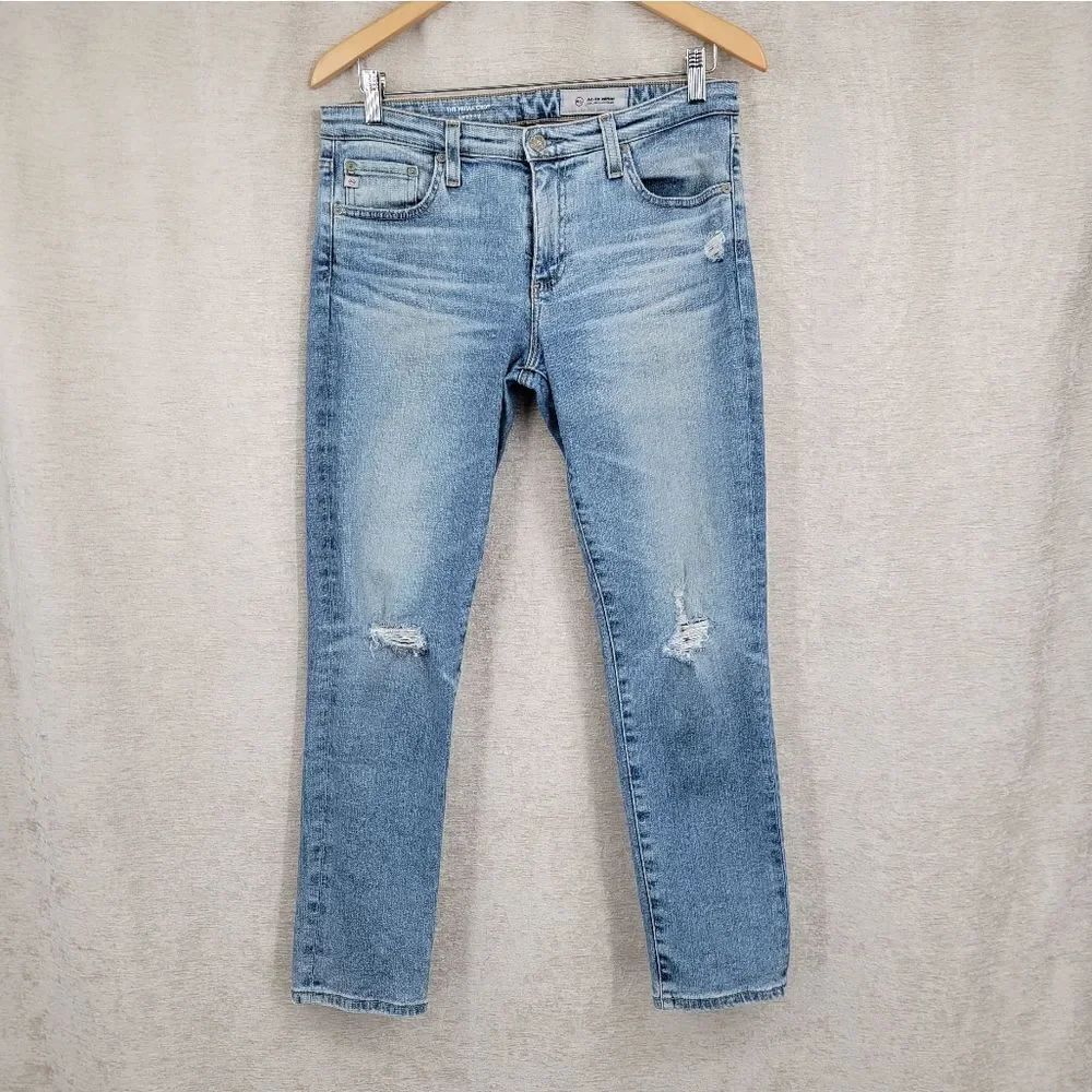 AG Adriano Goldschmied The Prima Cigarette Crop Distressed Denim Blue Jeans